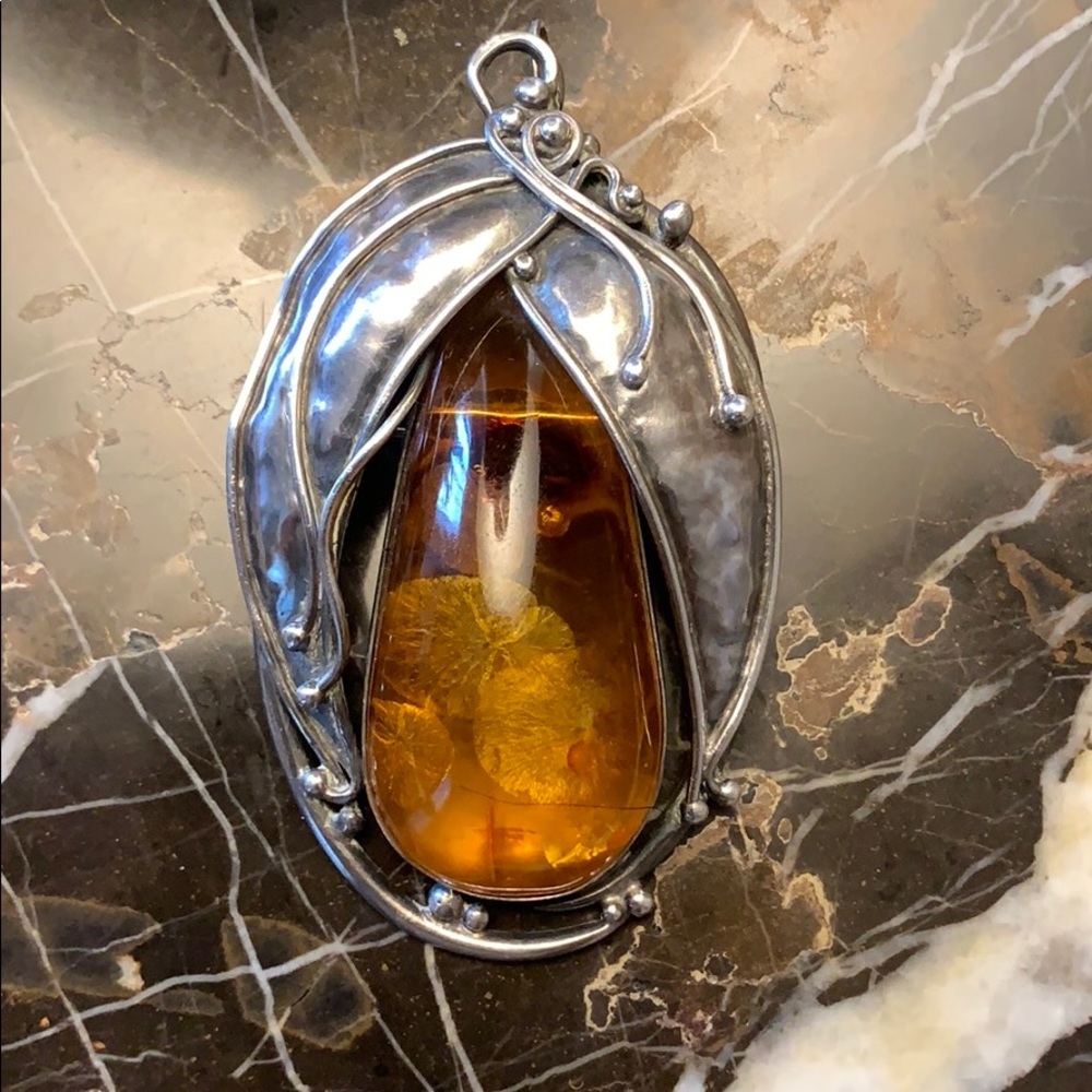 Large 2” Amber Drop or Pin Set in Sterling Silver
